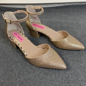 Betsey Johnson Heels Womens Gold Glitter Sz 6 Ankle Strap Pointed Toe Pump *Flaw